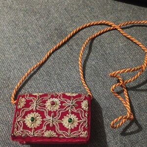 Small Hand Beaded Purse Red Velvet Made In India